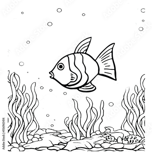Fish Coloring page for baby coloring book, vector Illustration seawater cute fishes activity worksheet for children.