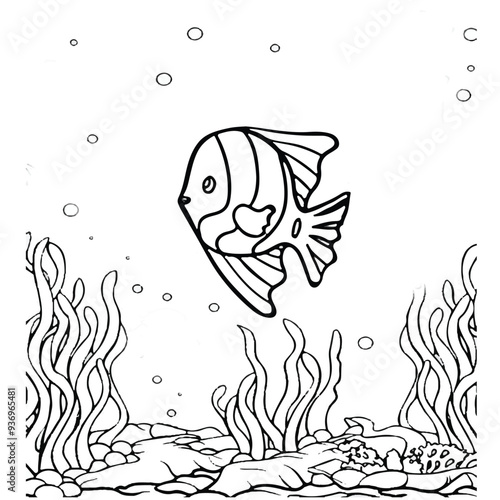 Fish Coloring page for baby coloring book, vector Illustration seawater cute fishes activity worksheet for children.