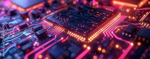 Circuit board closeup, Futuristic, Cool, Neon, Highlighting technological intricacy