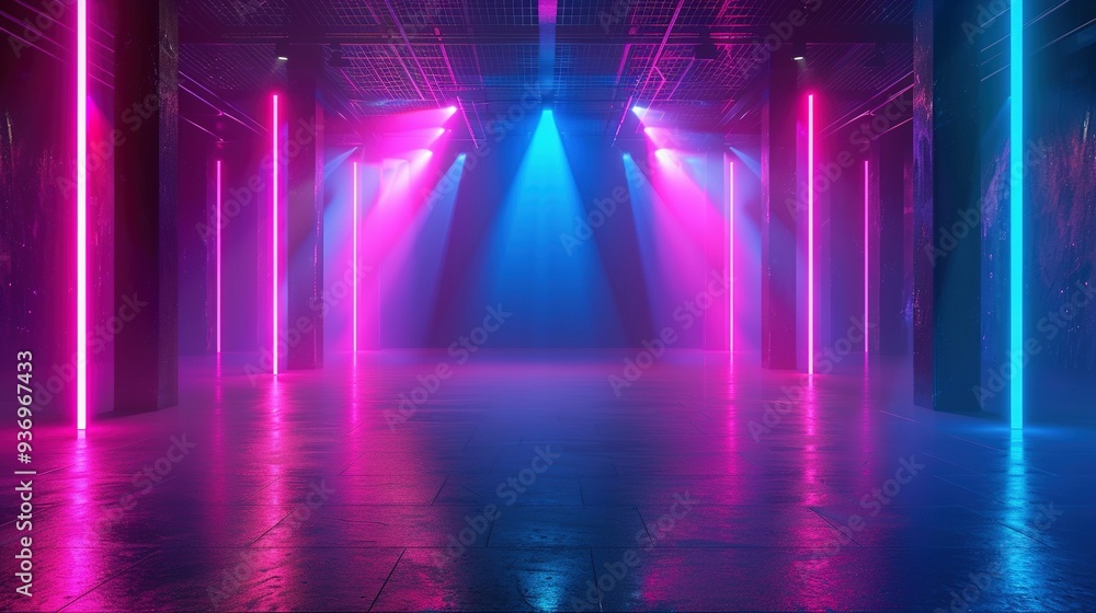 Neon Lights Illuminating a Dark Concrete Space Neon Lights Illuminating a Dark Concrete Space