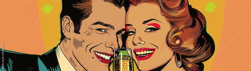 Couple celebrating with champagne, Pop Art, Bright, Illustration, Emphasizing joy and celebration Couple celebrating with champagne, Pop Art, Bright, Illustration, Emphasizing joy and celebration