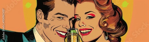 Couple celebrating with champagne, Pop Art, Bright, Illustration, Emphasizing joy and celebration