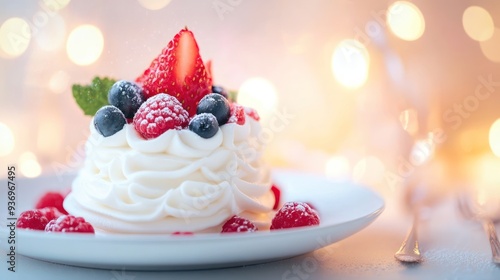 A white meringue dessert topped with fresh raspberries, blueberries and a strawberry slice, served on a white plate with a blurred background of fairy lights.