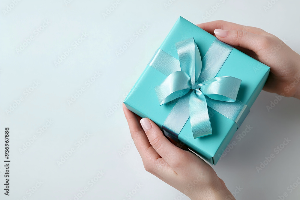 Female hands holding a beautiful gift box, top shot on white background. Female hands holding a beautiful gift box, top shot on white background.