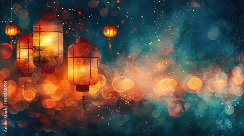 Diwali lanterns illuminating the night, Psychedelic, Warm, Watercolor, Celebrating the festival of lights