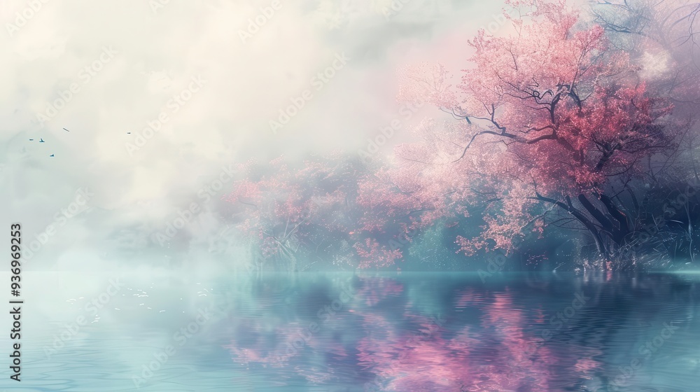 Obraz premium Dreamy landscape with soft colors and fog, Fantasy, Soft, Watercolor, Highlighting ethereal beauty