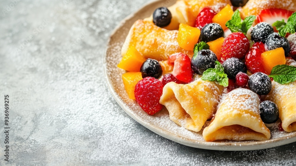 A plate of rolled pancakes topped with fresh fruit, powdered sugar, and mint leaves. A plate of rolled pancakes topped with fresh fruit, powdered sugar, and mint leaves.