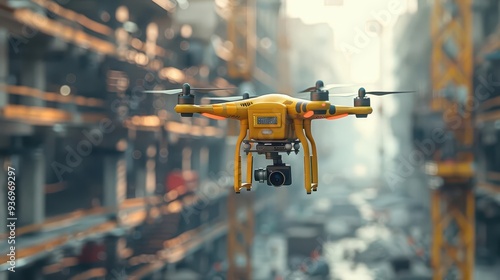 Drone capturing construction site, Cyberpunk, Bright, 3D, Emphasizing modern technology