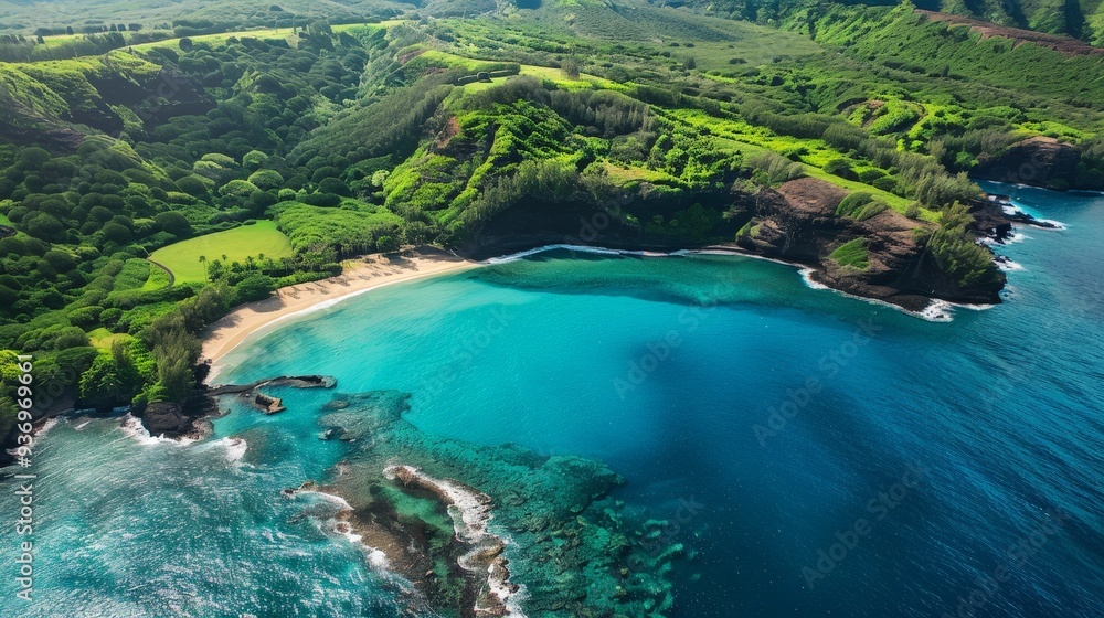 Take a breathtaking aerial photo of a secluded beach surrounded by lush green cliffs and sparkling blue ocean. Take a breathtaking aerial photo of a secluded beach surrounded by lush green cliffs and sparkling blue ocean.