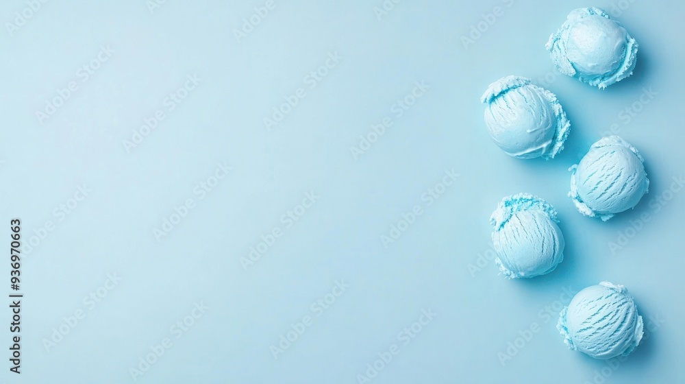 Five scoops of blue ice cream arranged in a diagonal line on a light blue background with copy space.