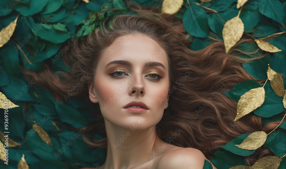 A young woman lies surrounded by green and gold leaves, her eyes closed in peaceful contemplation A young woman lies surrounded by green and gold leaves, her eyes closed in peaceful contemplation