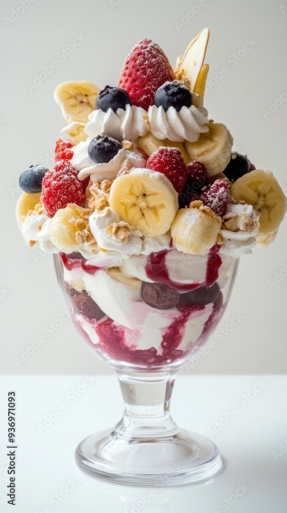 A tall parfait glass filled with whipped cream, fruit, granola, and a berry sauce. A tall parfait glass filled with whipped cream, fruit, granola, and a berry sauce.