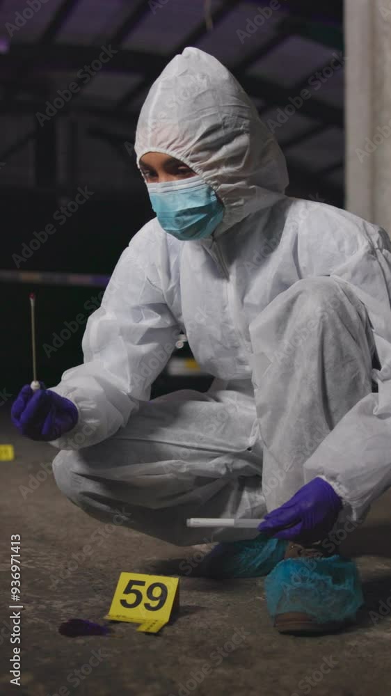 Forensic, crime scene and swab of blood, night and expert with gloves for evidence, PPE and dna of criminal. Dark, medical detective and sample for investigation and observation for case and person Forensic, crime scene and swab of blood, night and expert with gloves for evidence, PPE and dna of criminal. Dark, medical detective and sample for investigation and observation for case and person