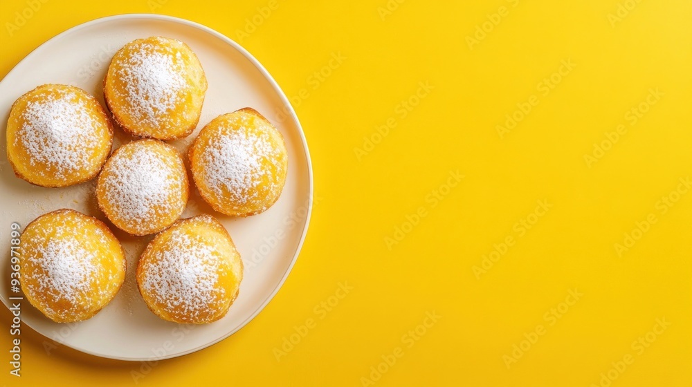 Six yellow, round, sweet cakes, covered in powdered sugar, on a white plate, against a bright yellow background, with copy space to the right. Six yellow, round, sweet cakes, covered in powdered sugar, on a white plate, against a bright yellow background, with copy space to the right.