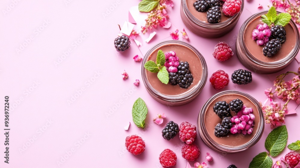 Chocolate mousse dessert with fresh berries, mint leaves, and pink flower petals on a pink background. Chocolate mousse dessert with fresh berries, mint leaves, and pink flower petals on a pink background.