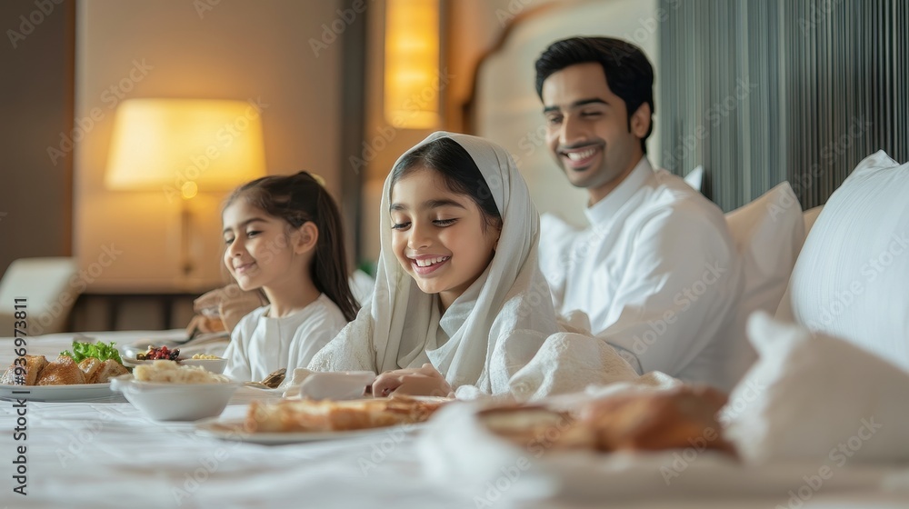 A Muslim family happily shares a room service meal in a hotel room, smiling and enjoying quality time together A Muslim family happily shares a room service meal in a hotel room, smiling and enjoying quality time together