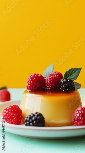 Creamy custard dessert topped with fresh raspberries and blackberries on a white plate with a bright yellow background.