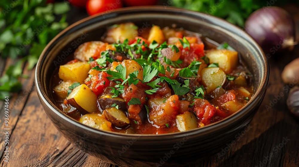 Homemade Eggplant Potato Tomato Stew with Parsley in a Bowl, side view. --ar 16:9 --v 6.1 Job ID: da574275-00d5-481b-b23b-faf5ed6434eb Homemade Eggplant Potato Tomato Stew with Parsley in a Bowl, side view. --ar 16:9 --v 6.1 Job ID: da574275-00d5-481b-b23b-faf5ed6434eb