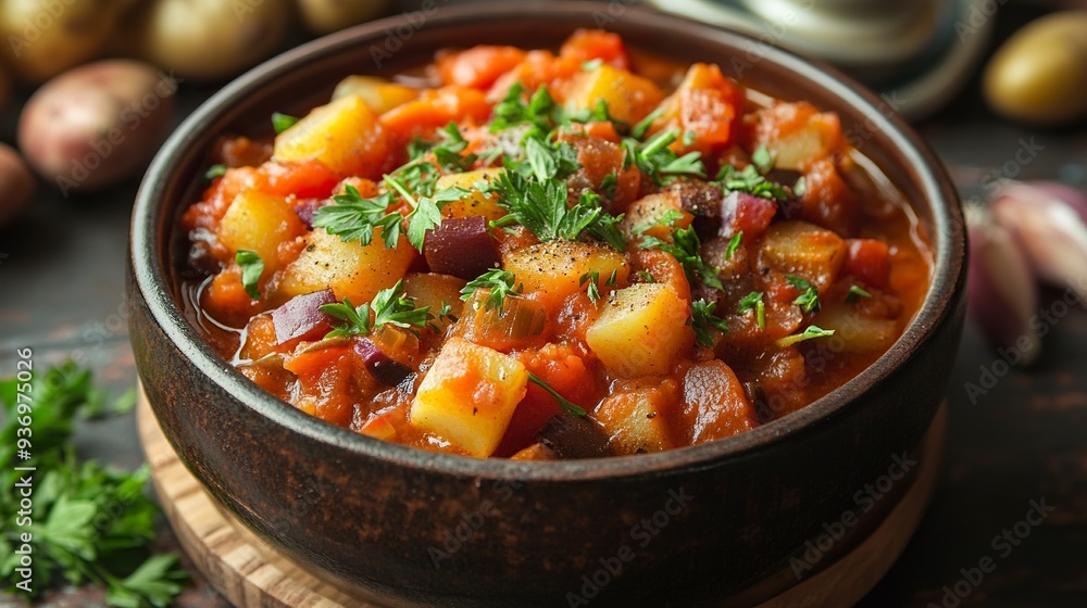Homemade Eggplant Potato Tomato Stew with Parsley in a Bowl, side view. --ar 16:9 --v 6.1 Job ID: f0d3c225-df3e-4709-999f-b815e3eba833 Homemade Eggplant Potato Tomato Stew with Parsley in a Bowl, side view. --ar 16:9 --v 6.1 Job ID: f0d3c225-df3e-4709-999f-b815e3eba833