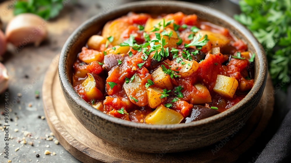 Homemade Eggplant Potato Tomato Stew with Parsley in a Bowl, side view. generative ai Homemade Eggplant Potato Tomato Stew with Parsley in a Bowl, side view. generative ai