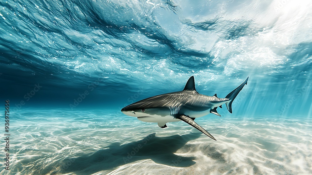 Fototapeta premium shark gliding through ocean waves with fluid motion and sunlight filtering down copy space for text