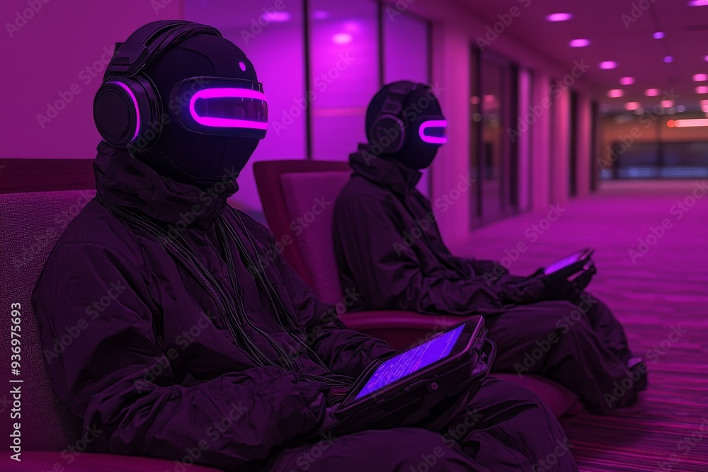 People immersed in a virtual reality environment symbolizing the escape into digital worlds and the future of entertainment People immersed in a virtual reality environment symbolizing the escape into digital worlds and the future of entertainment