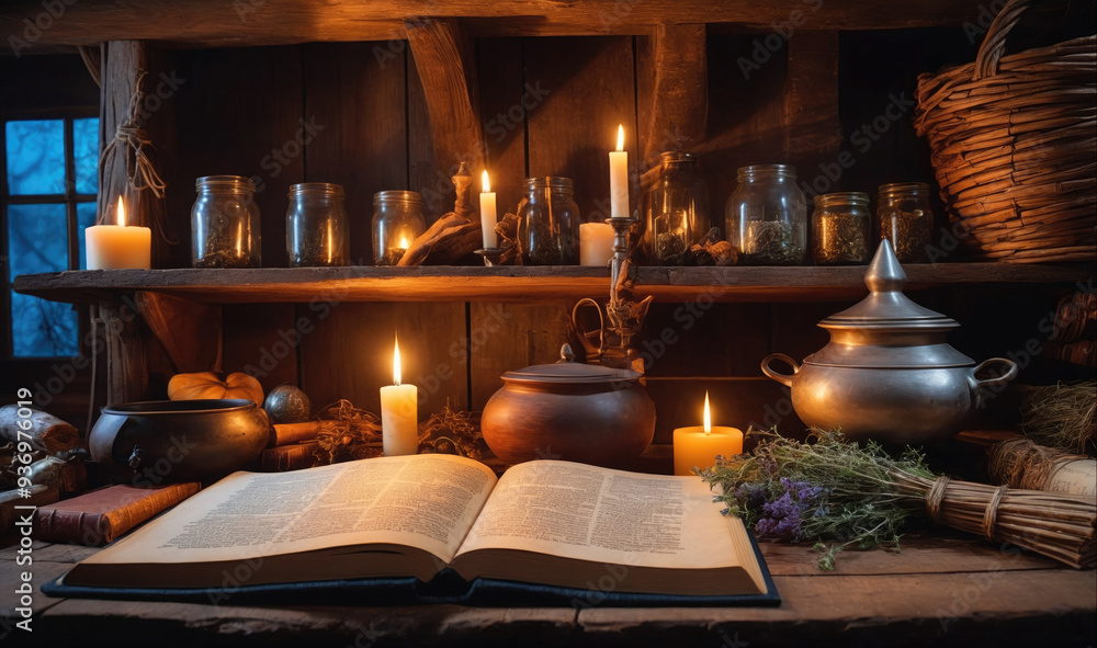 A dimly lit room with wooden shelves, filled with glass jars and candles, illuminates an open book on a wooden table, creating a mystical atmosphere A dimly lit room with wooden shelves, filled with glass jars and candles, illuminates an open book on a wooden table, creating a mystical atmosphere