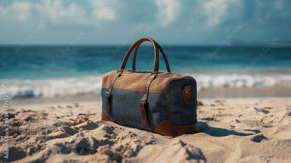 Show a stylish travel bag resting on a sandy beach, with a scenic ocean view in the background, ready for a summer getaway. Show a stylish travel bag resting on a sandy beach, with a scenic ocean view in the background, ready for a summer getaway.