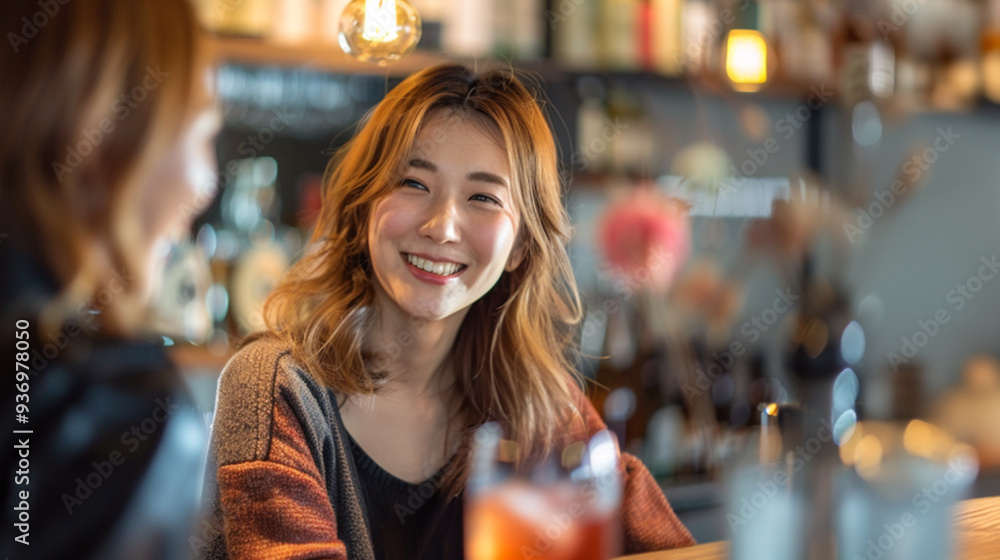 休日にカフェで友人と会話を楽しむ日本人女性 休日にカフェで友人と会話を楽しむ日本人女性
