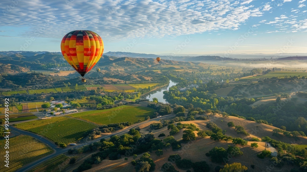 Fototapeta premium Show a traveler enjoying a hot air balloon ride, soaring above a beautiful landscape dotted with vineyards and quaint villages.