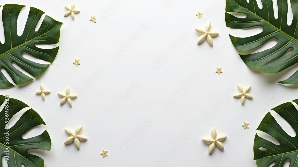 Green Monstera Leaves and White Flowers Flat Lay on White Background - Perfect for Tropical-Themed Invitations and Posters Green Monstera Leaves and White Flowers Flat Lay on White Background - Perfect for Tropical-Themed Invitations and Posters