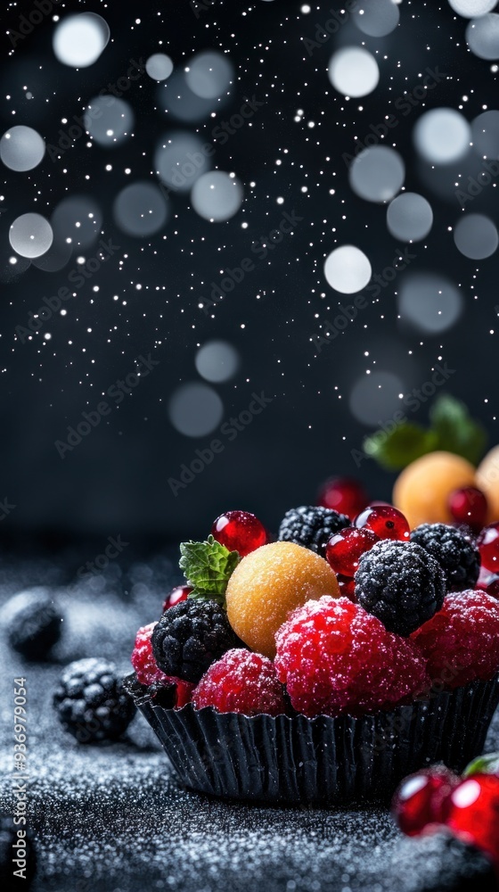 A close-up of a bowl filled with a variety of fresh berries and apricots, with a dark background and bokeh lights. A close-up of a bowl filled with a variety of fresh berries and apricots, with a dark background and bokeh lights.