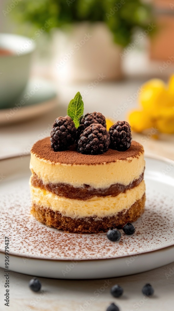 A small, layered tiramisu dessert on a white plate, dusted with cocoa powder and topped with fresh blackberries and a mint leaf. A small, layered tiramisu dessert on a white plate, dusted with cocoa powder and topped with fresh blackberries and a mint leaf.