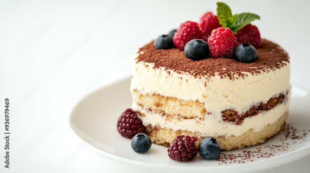 A close-up of a delicious tiramisu dessert topped with fresh blueberries and raspberries on a white plate. A close-up of a delicious tiramisu dessert topped with fresh blueberries and raspberries on a white plate.