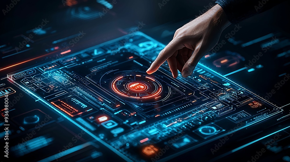 Close-up of a 3D interface panel with a user hand reaching to touch, dynamic UI elements, neon highlights, copy space for text, Close-up of a 3D interface panel with a user hand reaching to touch, dynamic UI elements, neon highlights, copy space for text,