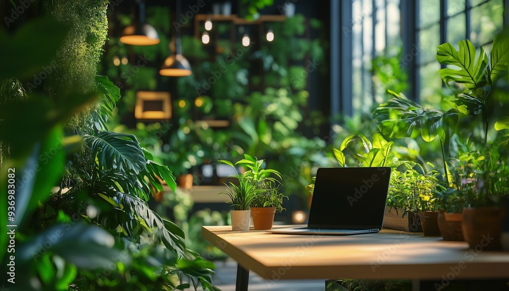 Laptop and Plants in a Green Oasis Laptop and Plants in a Green Oasis
