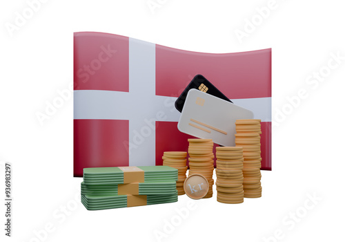 3D render illustration of Denmark flag and currency called Krone photo