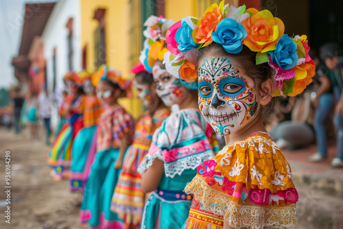 Mexican girls in traditional attire and Catrina makeup celebrating Día de Muertos in the street. Concept of Día de Muertos, Mexican culture and tradition, generational continuity, and popular festival