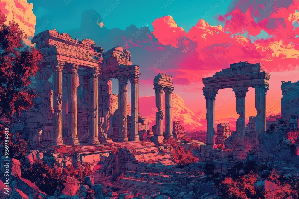 Fototapeta premium Ancient Ruins Under a Vibrant Pink and Blue Sunset