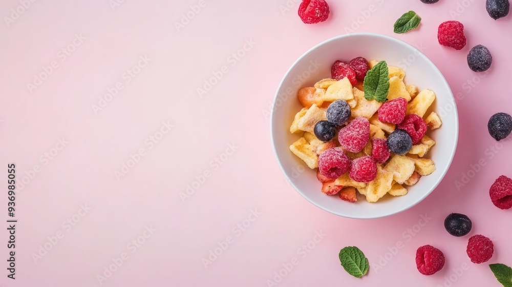 A white bowl filled with fresh fruit salad on a pink background. A white bowl filled with fresh fruit salad on a pink background.