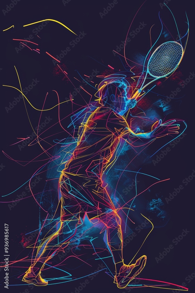 Fototapeta premium The simplicity of a single continuous line is juxtaposed with the vibrant energy of neon in this illustration, depicting a badminton player in full motion with striking visual impact.