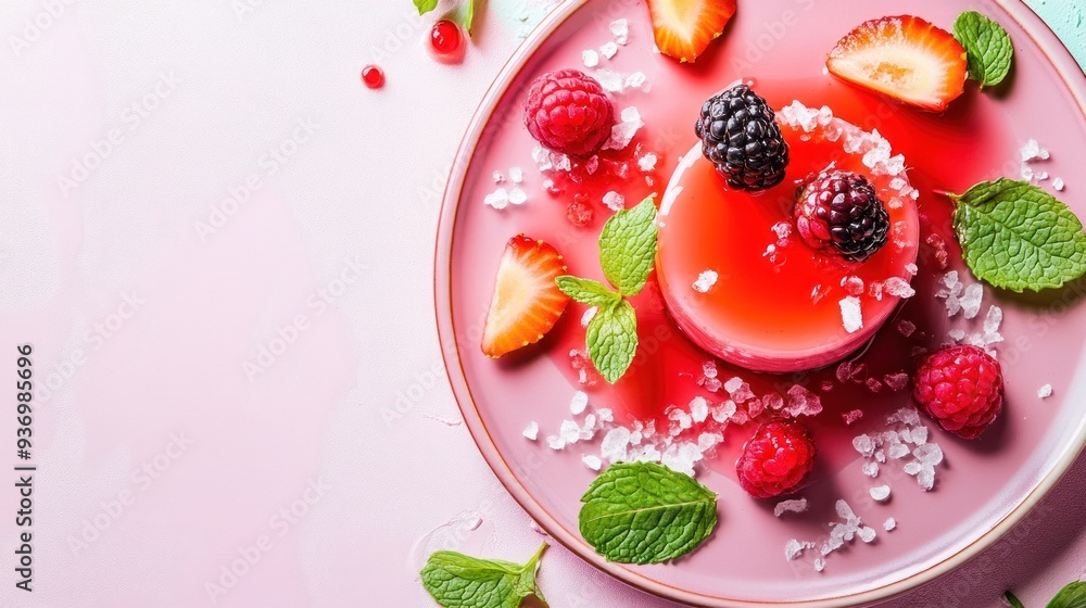 A single serving of pink panna cotta topped with fresh berries, mint leaves, and a sprinkle of sugar. A single serving of pink panna cotta topped with fresh berries, mint leaves, and a sprinkle of sugar.