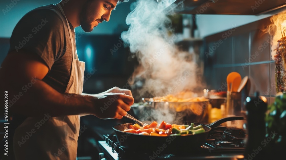 A traveler cooks with fresh ingredients in a warm, inviting kitchen, creating a delicious meal on a relaxing evening A traveler cooks with fresh ingredients in a warm, inviting kitchen, creating a delicious meal on a relaxing evening