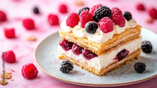 A delicious pastry with layers of puff pastry, whipped cream, and fresh berries on a white plate with a pink background.