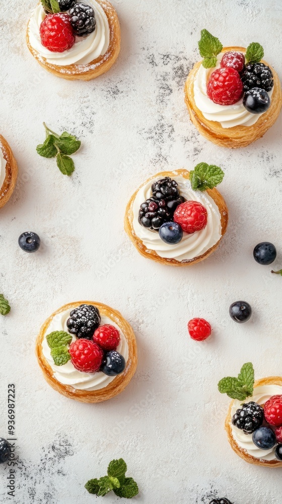 A top view of six small pastries topped with whipped cream and fresh berries. The pastries are arranged in a pattern on a white surface with scattered berries and mint leaves. A top view of six small pastries topped with whipped cream and fresh berries. The pastries are arranged in a pattern on a white surface with scattered berries and mint leaves.