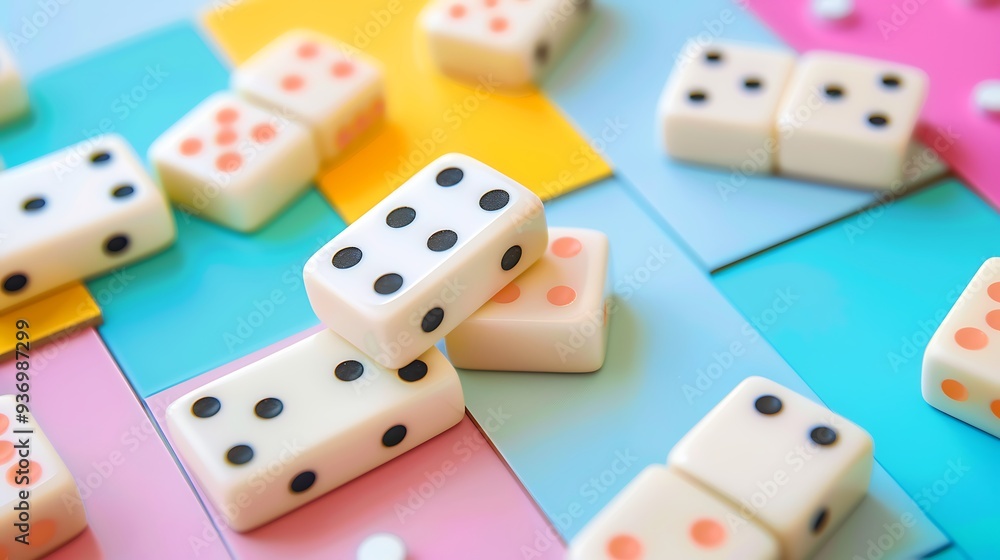 Domino tiles isolated on colorful background shot close up Domino tiles isolated on colorful background shot close up