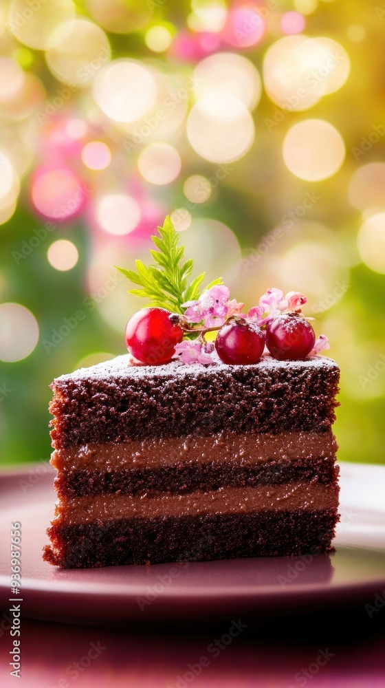 A slice of chocolate cake with chocolate cream filling, decorated with red berries and a sprig of green leaves, on a pink plate against a blurred background of pink and green lights. A slice of chocolate cake with chocolate cream filling, decorated with red berries and a sprig of green leaves, on a pink plate against a blurred background of pink and green lights.