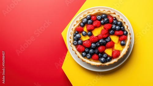 A fruit tart with raspberries, blueberries and mango slices on a yellow and red background.