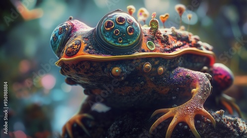 A Surreal and Colorful Frog in a Fantasy Forest Setting