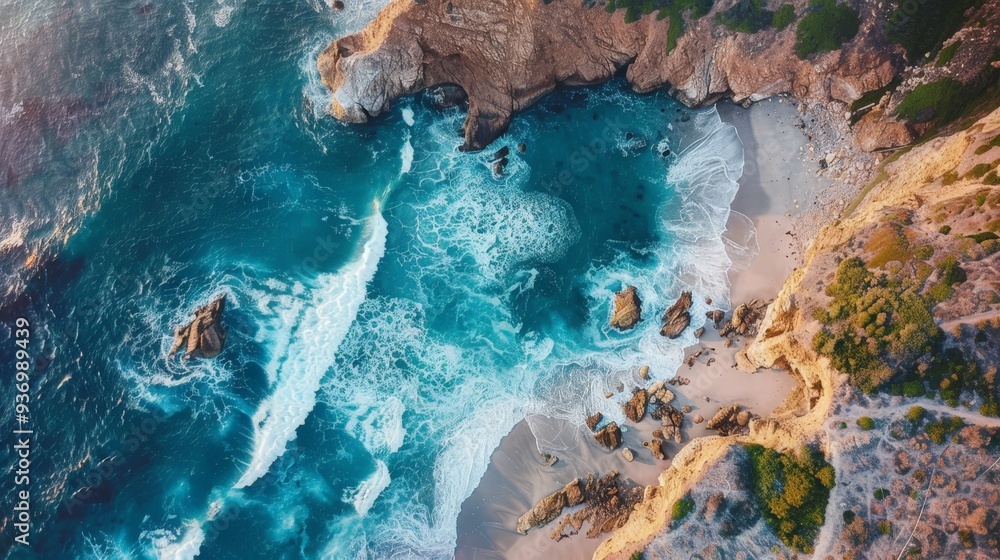 Take an aerial shot of a beach bordered by rocky cliffs, with waves crashing against the rugged coastline. Take an aerial shot of a beach bordered by rocky cliffs, with waves crashing against the rugged coastline.